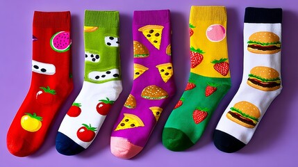 A row of colorful socks with various food items on them. The socks are arranged in a row, with the first sock being red and the last sock being white. The socks have a playful and fun vibe