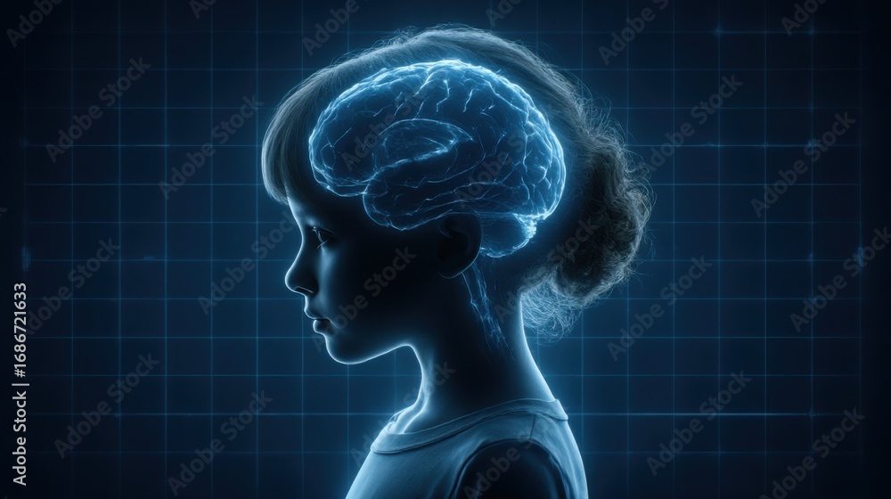 Aufkleber visualization of a child's brain highlighting cognitive development and activity in a futuristic sty