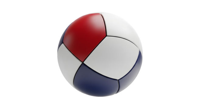 Geometric sphere composition in red, white and navy on solid dark background