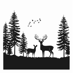 Vector forest and deer family silhouette