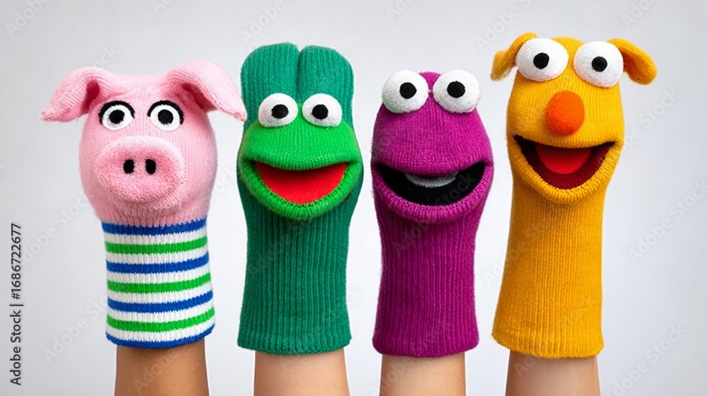 Poster four puppets with different colors and expressions. scene is playful and lighthearted