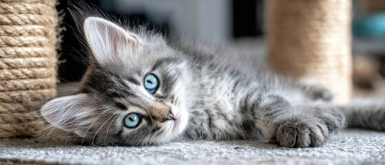 The adorable grey kitten with striking blue eyes lounging on a textured surface.