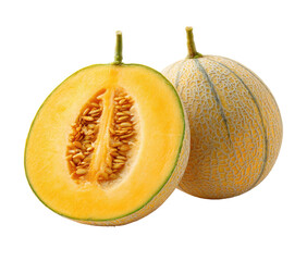 Two cantaloupe halves, one whole, in studio lighting