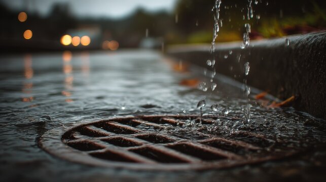 Rainwater drains into a street grate as droplets fall during a cloudy day in an urban setting