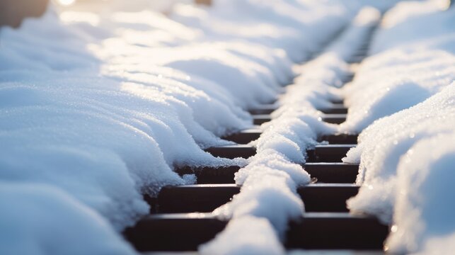 Snow covers railway tracks in a winter landscape at sunset, showcasing nature's beauty and tranquility