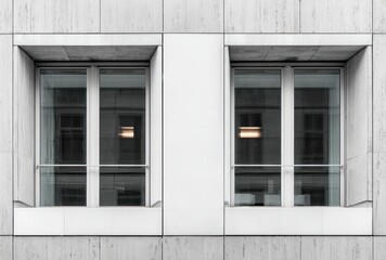 Fototapeta premium Two windows framed by a stone facade reveal blurred interiors and reflection, showcasing simple architectural details in a monochromatic palette
