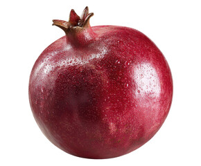 Close-up of a vibrant, whole pomegranate.  Deep crimson red skin, glistening with water droplets.  Appears fresh and ripe