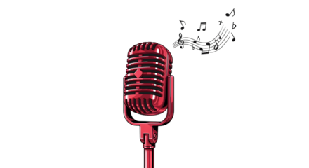 Vintage crimson microphone with musical notes for broadcast recording media