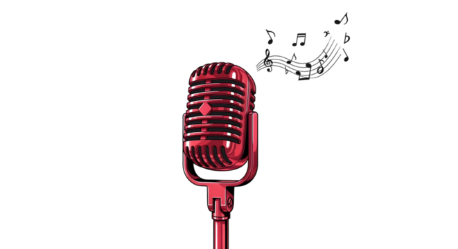 Vintage crimson microphone with musical notes for broadcast recording media