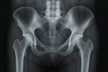 X-ray of Hip and Pelvis: A high-angle, detailed X-ray showcases the intricate bone structure of a human hip and pelvis, perfect for medical illustrations and anatomical studies. 