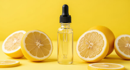 Citrus Radiance: A close-up shot of a dropper bottle filled with a clear serum, flanked by vibrant cut lemons, radiating freshness, healthy skincare product, showcasing the essence of nature's citrus.