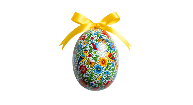 Festive easter egg with floral details and ribbon on a plain black backdrop