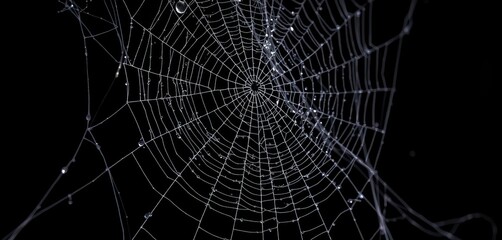 Intricate, spooky cobweb draped across black backdrop, glistening with dew, autumn, detail