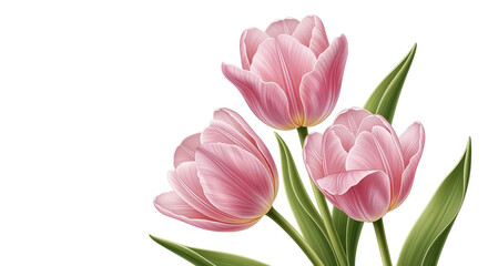 Fototapeta premium Pink Tulip Trio: Three delicate pink tulips bloom gracefully, their petals softly lit, evoking feelings of springtime joy and natural beauty.