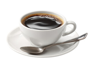 Fototapeta premium A full cup of black coffee, in a white ceramic cup and saucer, with a silver spoon