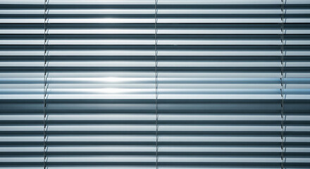 A sleek, futuristic shot of modern metallic blinds with a bright light reflecting off the surface. The cool, blue-tinted tones and sharp horizontal lines create a feeling of technological elegance