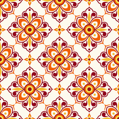 Vintage Thai Inspired Seamless Floral Geometric Pattern, Decorative Tile Background for Textile and Digital Paper