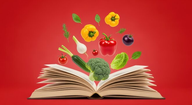 Culinary Knowledge Unveiled: An open cookbook becomes a portal to a vibrant culinary world. Various fresh produce bursts forth.