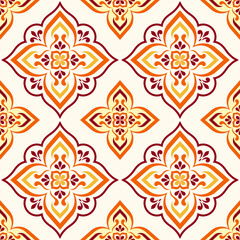 Vintage Thai Inspired Seamless Floral Geometric Pattern, Decorative Tile Background for Textile and Digital Paper