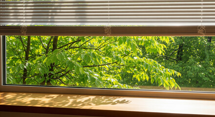 A vibrant and refreshing shot of a sunlit green tree seen through an open window with venetian blinds on top. The bright, saturated leaves in the background contrast beautifully with the warm