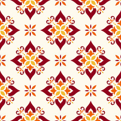 Vintage Thai Inspired Seamless Floral Geometric Pattern, Decorative Tile Background for Textile and Digital Paper