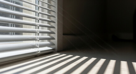 Obraz premium A powerful, high-contrast shot of sunlight streaming through venetian blinds, creating long, dramatic shadows on the floor. The image features a bright, detailed foreground with a dark