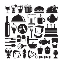 Vector icons set of food and drinks. Includes pizza, burger, sushi, noodles, salad, coffee, beer, ice cream, fruits, and restaurant menu items. Perfect for food delivery apps, restaurant branding, pac