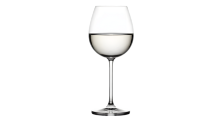 Isolated wineglass filled with a clear beverage against stark dark backdrop