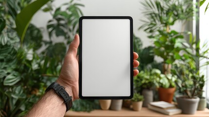 Holding modern tablet with blank screen in house garden full of green plants during daylight showcasing nature and technology