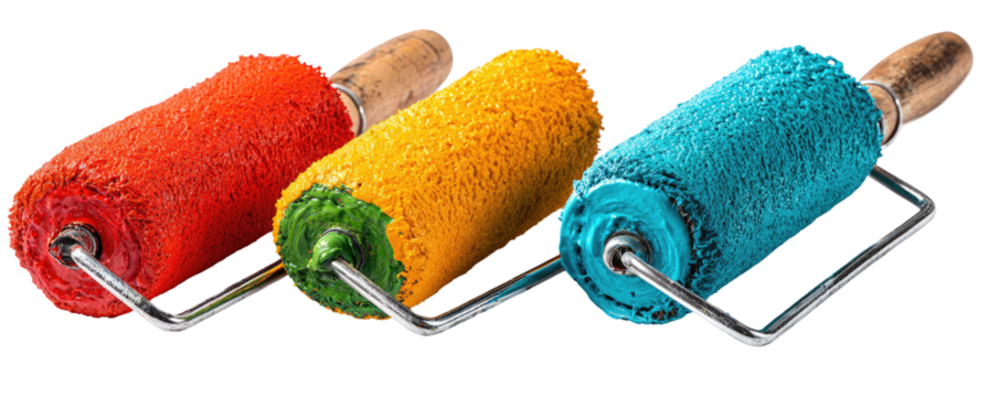 Three paint rollers in red, yellow, and teal, with metal handles and wooden grips