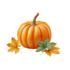 Naklejka premium Harvest Pumpkin and Fallen Leaves: A vibrant, ripe pumpkin rests with an array of fallen leaves, embodying the spirit of autumn harvest.