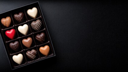 Heart-shaped chocolates in a black box