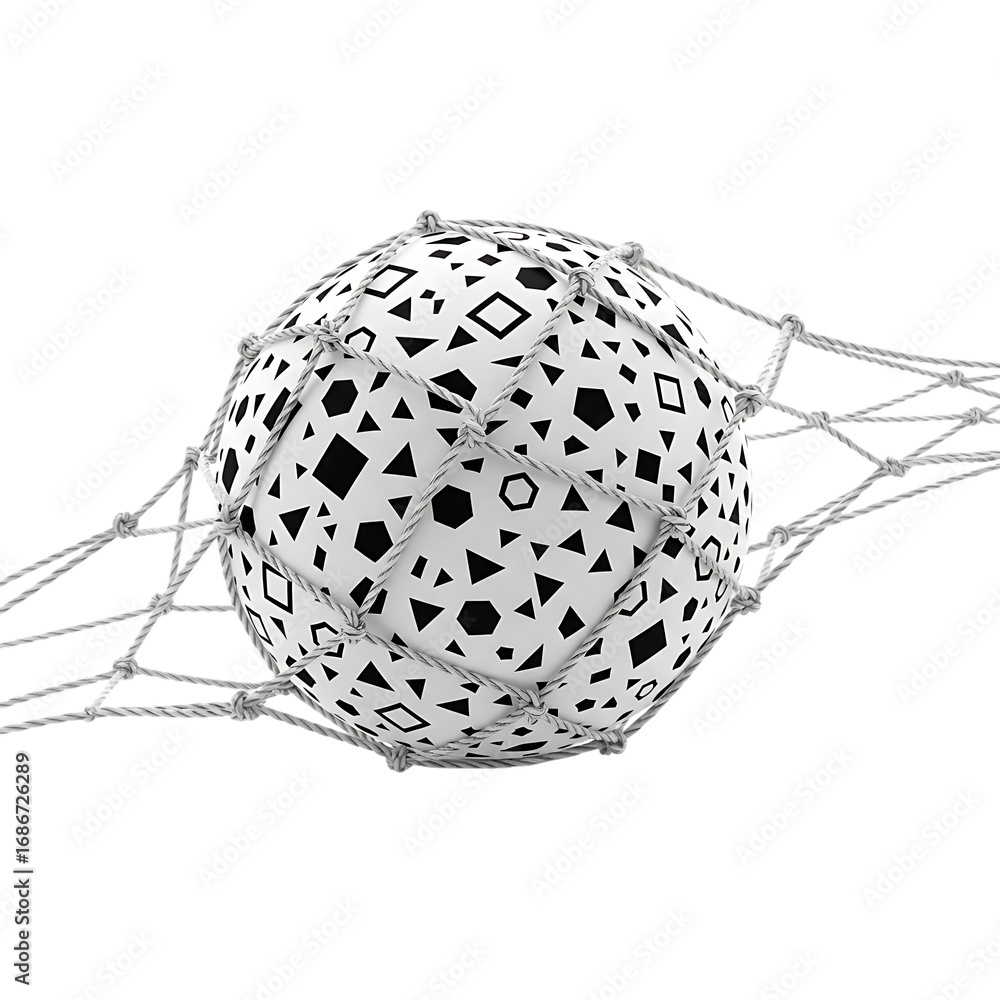Poster abstract geometric sphere encased in a delicate net against a stark black