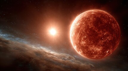 Red giant star and white dwarf illustration in deep space with nebula and stars