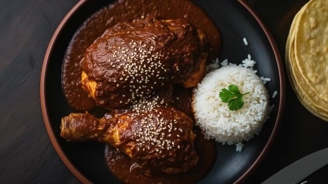 Rich chicken mole poblano, a classic Mexican dish. Served with fluffy white rice and fresh tortillas, this savory meal offers deep, complex flavors.