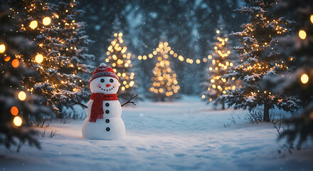 Fototapeta premium Adorable Snowman Wearing Red Scarf Magical Christmas Lights in Snowy Forest