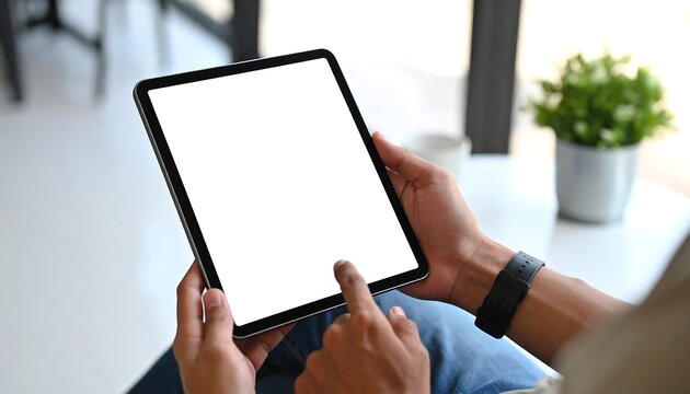 Person holding a tablet with a blank screen (1) - Powered by Adobe