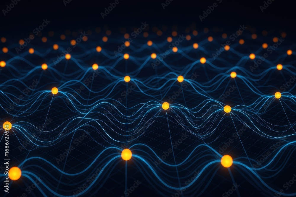Poster digital network nodes: an abstract digital visualization of interconnected nodes forming a complex, 