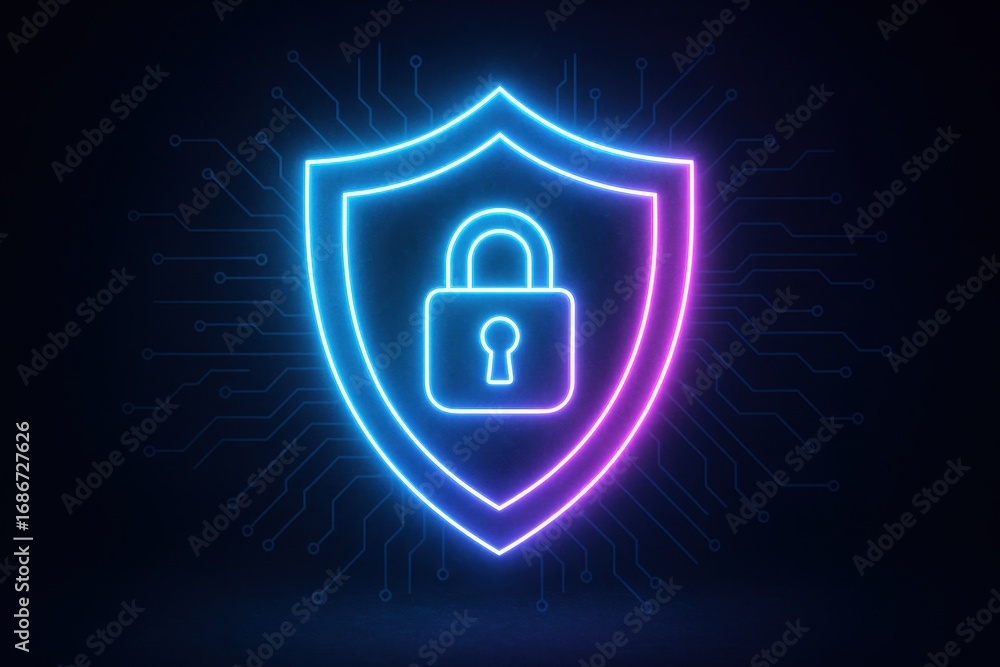 Poster cyber shield: the glowing image of a digital shield, encircled by an illuminating neon outline, repr