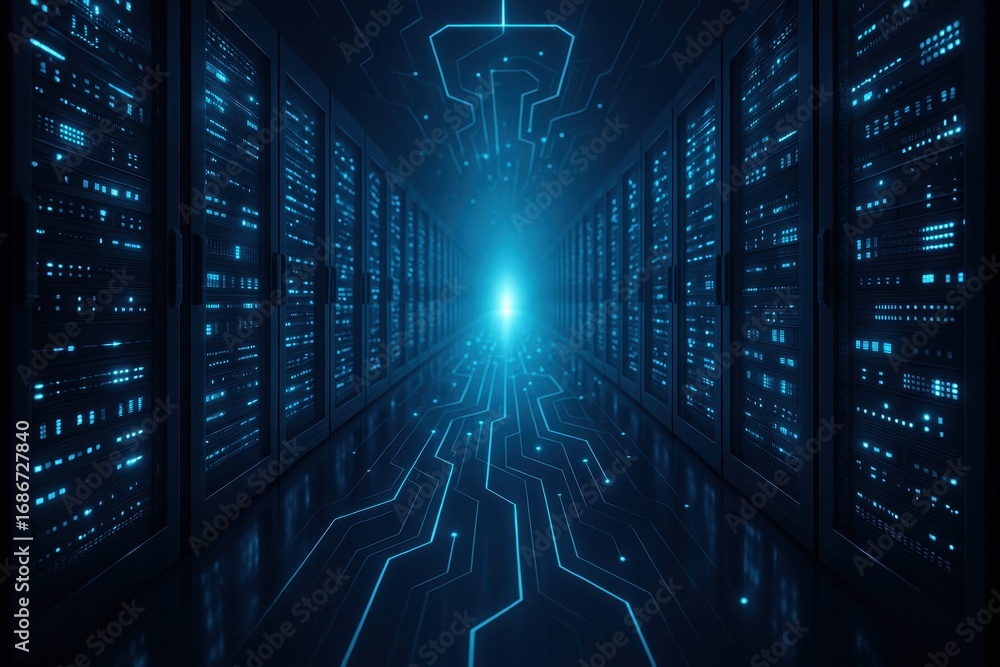 Poster data center: a high-tech data center, servers, and connections create a futuristic digital tunnel th