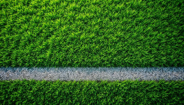 Overhead close-up of lush green football field grass with striped pattern.