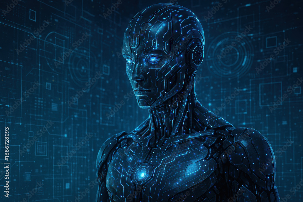 Poster digital sentience: a futuristic cybernetic being stands bathed in a luminous glow against a backdrop