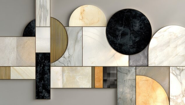 Abstract wall art featuring geometric shapes and varying shades of marble and wood - Powered by Adobe