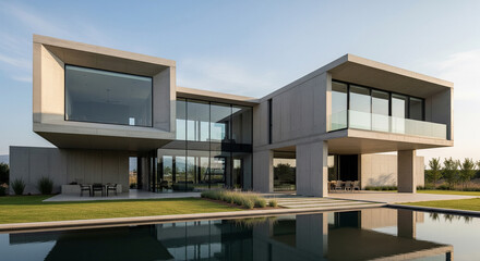 A bold, contemporary concrete house with a minimalist architectural design, featuring a series of interlocking rectangular volumes. The structure is elevated on pillars