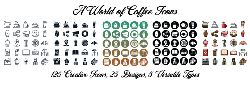 Collection of Coffee Icons Featuring Drinks, Desserts, and Accessories in Different Styles and Creative Designs for Cafe Concepts