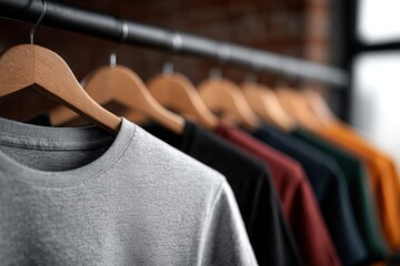 Row of colorful t-shirts on hangers in a fashion store.