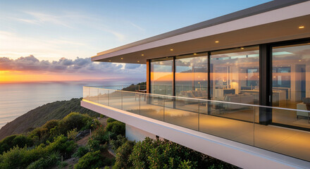 Fototapeta premium A breathtaking modern luxury villa perched on a hillside, offering panoramic views of the ocean at sunset. The minimalist architecture features expansive floor-to-ceiling windows