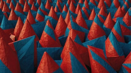 A dense arrangement of red cones and blue pyramids creating an abstract textured landscape view