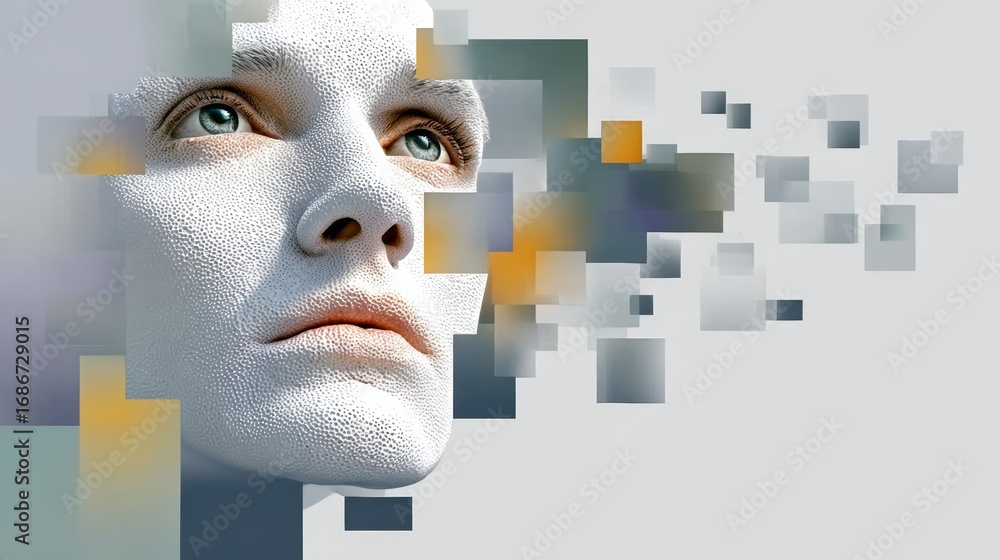 Poster woman's face is shown in a collage of squares and triangles. concept of chaos and disarray, as the w