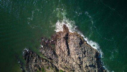 Aerial view of coastal rock formations.